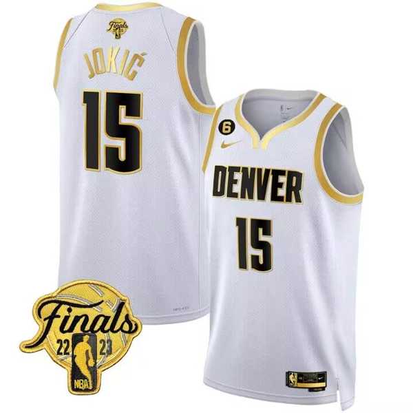 Mens Denver Nuggets #15 Nikola Jokic White 2023 Finals Collection With NO.6 Patch Stitched Basketball Jersey Dzhi